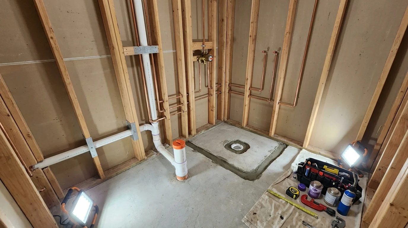 Bathroom rough-in plumbing during remodel by Johns Plumbing LLC in Cherry Hill