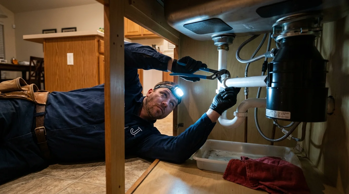 P-trap and supply line connections under a kitchen sink showing a common leak point in Cherry Hill, NJ